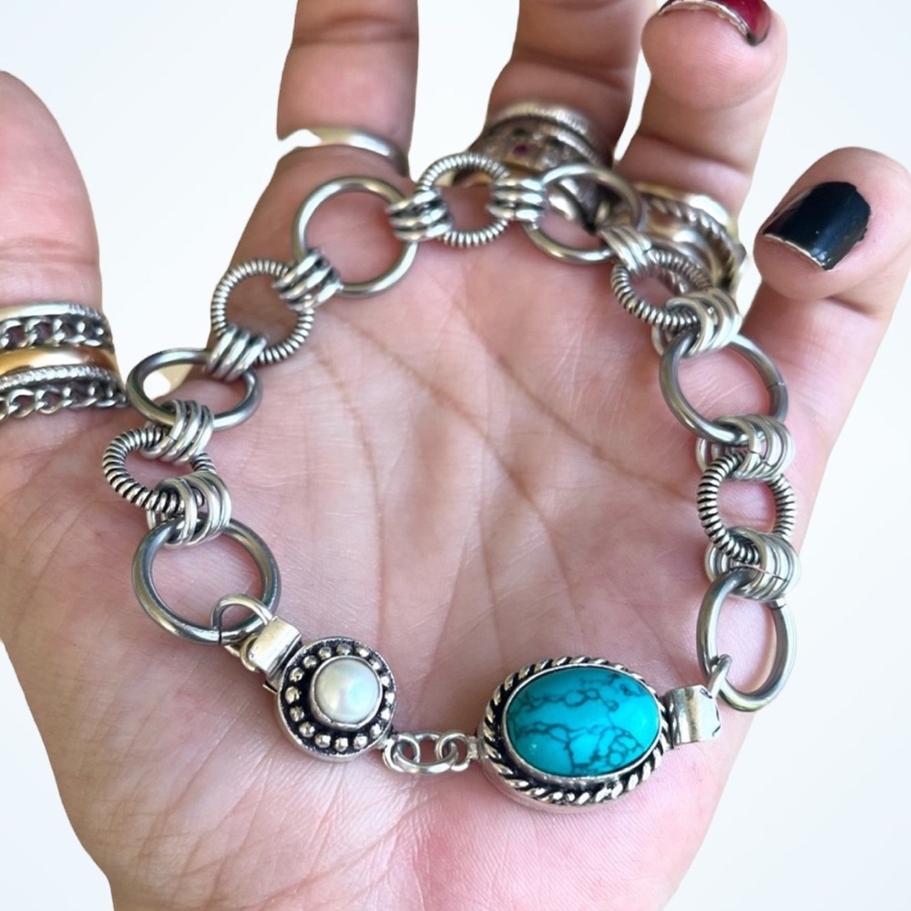 Handmade turquoise & fresh water pearl maille link boho gemstones bracelet
